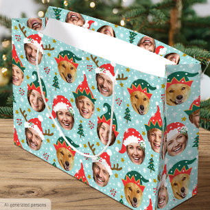 Christmas Funny Face Custom Photo Collage Blue Large Gift Bag