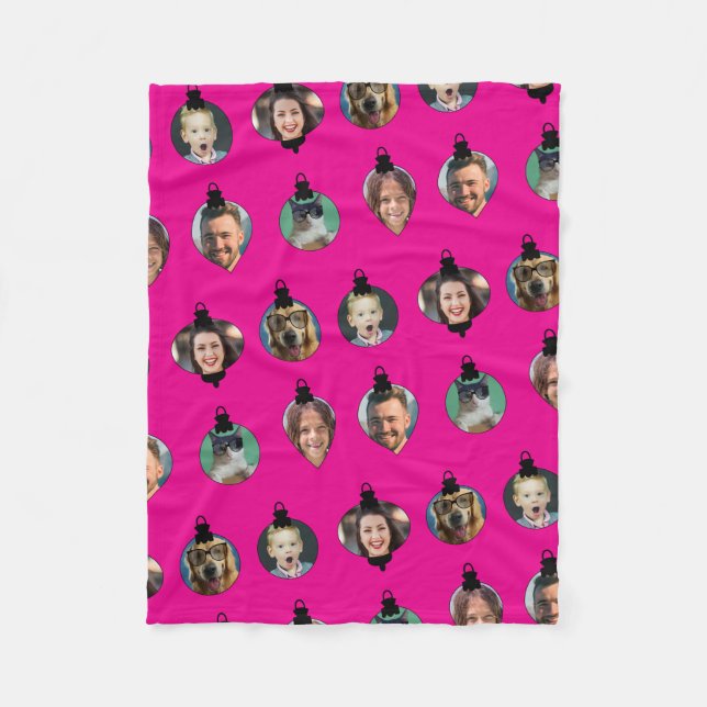 Christmas Funny Family Photo Faces Ornaments Pink Fleece Blanket (Front)