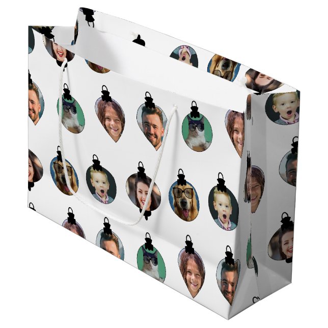 Christmas Funny Family Photo Faces Ornaments White Large Gift Bag (Front Angled)