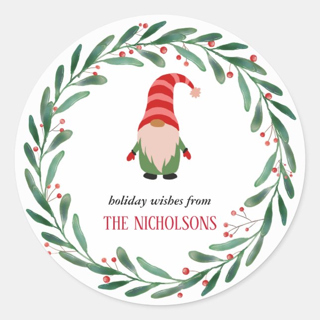 Christmas Funny Gnome Holiday Holly Wreath  Classic Round Sticker (Front)