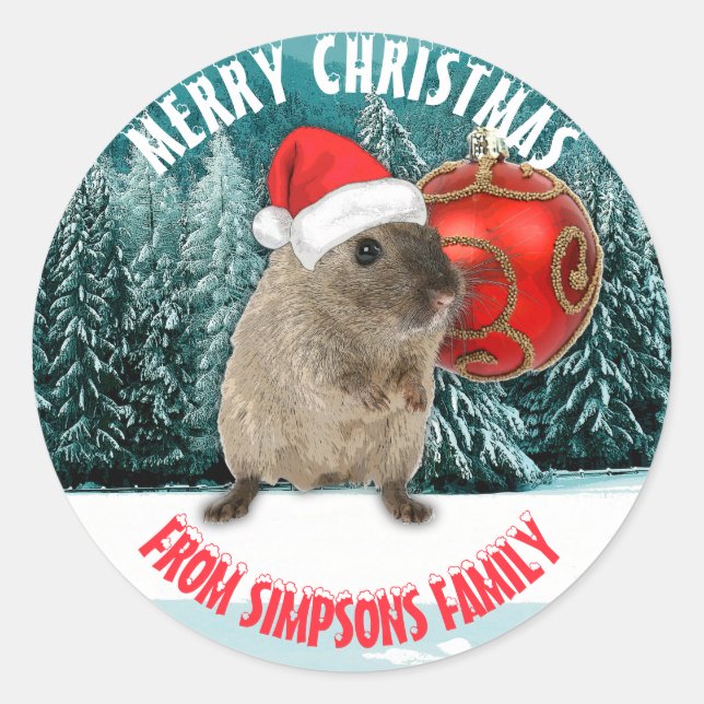 Christmas Funny Hamster In Red Santa Hat Your Text Classic Round Sticker (Front)