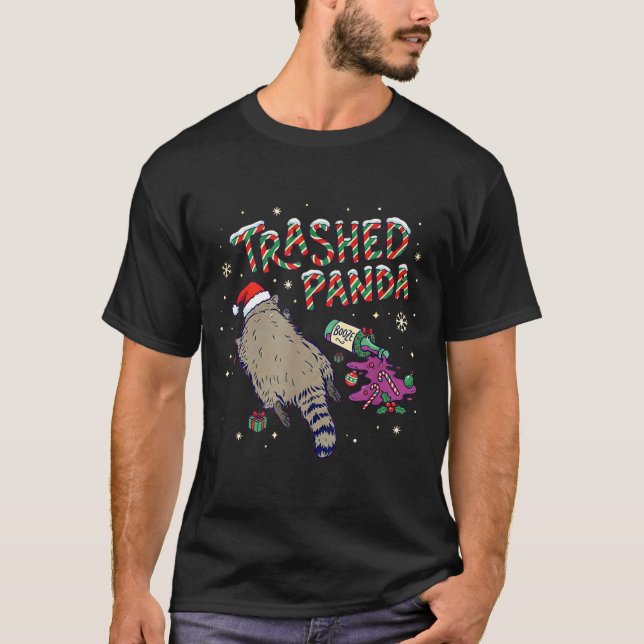 Christmas Funny Trashed Panda Racoon Gets Drunk Xm T-Shirt (Front)