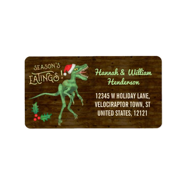 Christmas Funny Velociraptor Dinosaur Custom Name Label (Front)