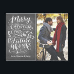 Christmas Future Mr. and Mrs. Photo Save The Date Holiday Postcard<br><div class="desc">This modern and chic postcard doubles as a Christmas card and Save the Date Announcement. It features hand lettered calligraphy artwork that says "Merry Christmas from the future Mr. and Mrs" all on a trendy chalkboard background. Additional colours and design alterations available upon request.</div>