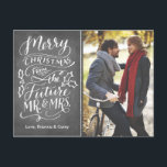Christmas Future Mr. and Mrs. Photo Save The Date Holiday Postcard<br><div class="desc">This modern and chic postcard doubles as a Christmas card and Save the Date Announcement. It features hand lettered calligraphy artwork that says "Merry Christmas from the future Mr. and Mrs" all on a trendy chalkboard background. Additional colours and design alterations available upon request.</div>