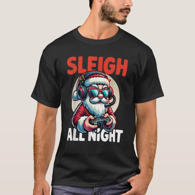 Christmas Gamer Boys Sleigh All Night Video Game S T-Shirt (Front)