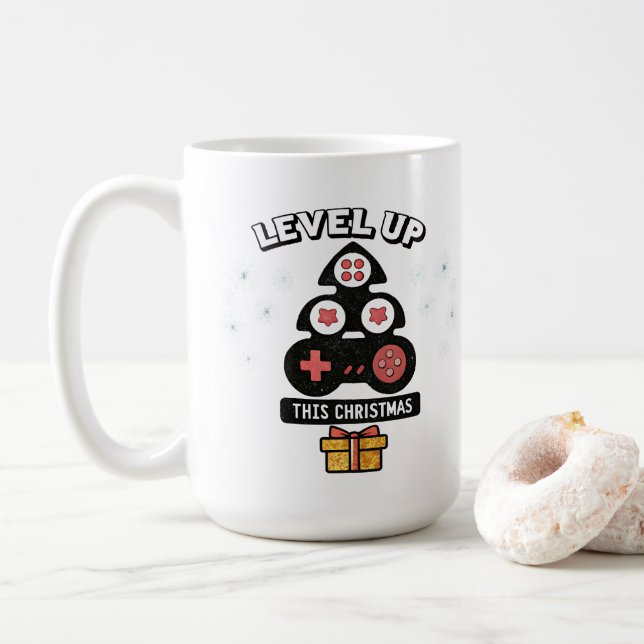 Christmas Gamer Controller Holiday Tree Design Coffee Mug (With Donut)