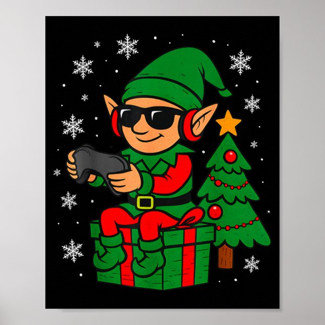 Christmas Gamer Retro Elf Funny Xmas Gaming Boys K Poster (Front)
