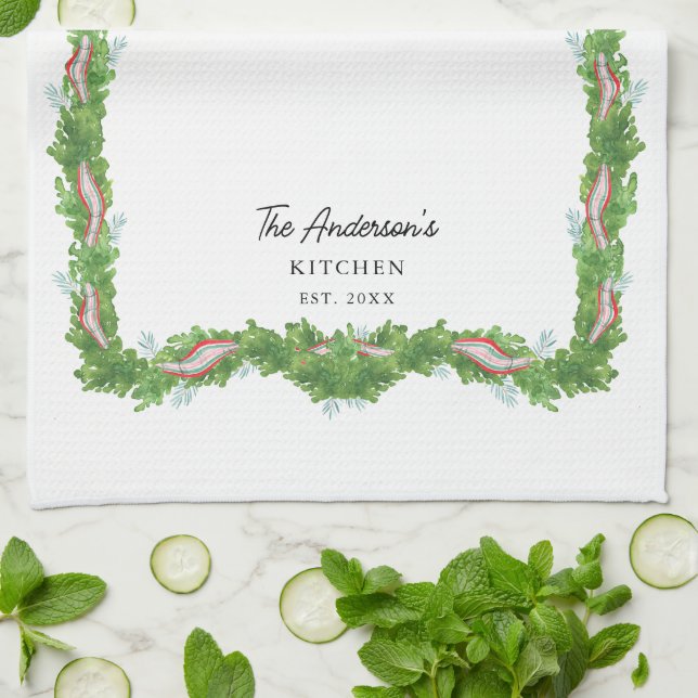 Christmas garland bow Family Kitchen Custom Tea Towel (Folded)