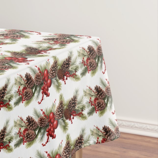 Christmas Garland Pine Cones Red Berries Holly Tablecloth (In Situ)