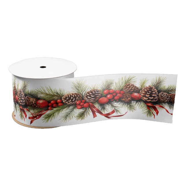 Christmas Garland  PineCones Red Satin Ribbon (Spool)