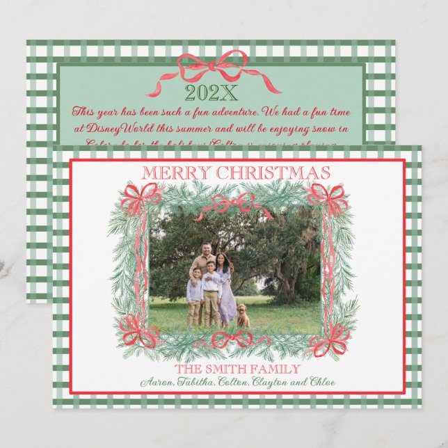Christmas Garland Red Ribbon Green Gingham Holiday Card (Front/Back)