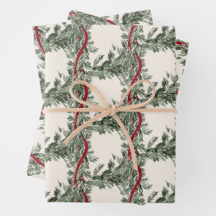 Christmas Garland Red Ribbon Holiday Gift Wrapping Paper Sheet