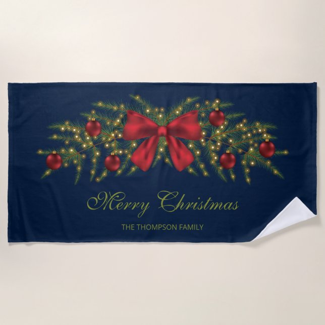 Christmas Garland With A Red Bow And Baubles Beach Towel (Front)