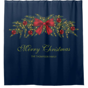 Christmas Garland With A Red Bow And Baubles Shower Curtain
