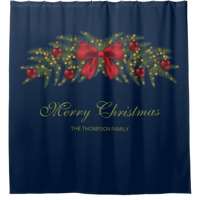 Christmas Garland With A Red Bow And Baubles Shower Curtain (Front)