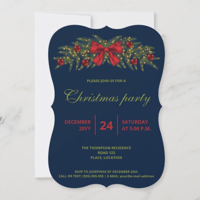 Christmas Garland With A Red Bow - Christmas Party Invitation (Front)