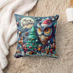 Christmas gathering under a whimsical owl cushion