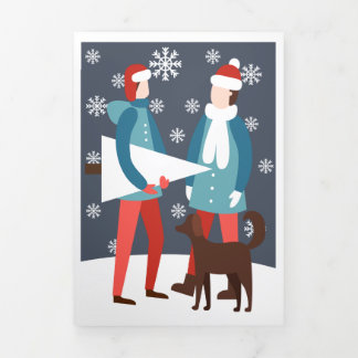 Christmas Gay Couple Dog And Tree Personalised Tri-Fold Holiday Card
