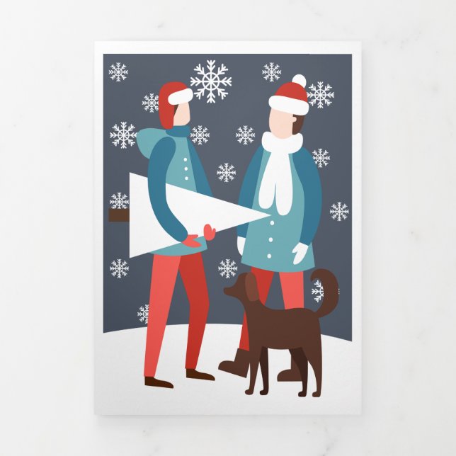 Christmas Gay Couple Dog And Tree Personalised Tri-Fold Holiday Card (Cover)