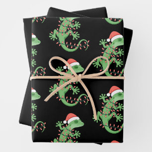 Christmas Gecko Lizard Santa Hat Lights Reptile Wrapping Paper Sheet