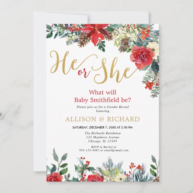 Christmas gender reveal burgundy gold floral invitation (Front)