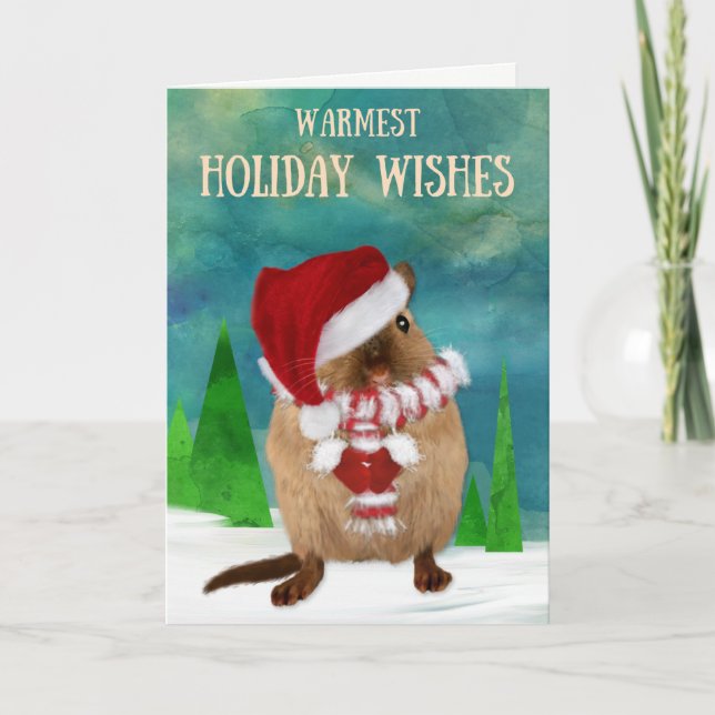 Christmas Gerbil Santa Hat in Winter Scene Holiday Card (Front)