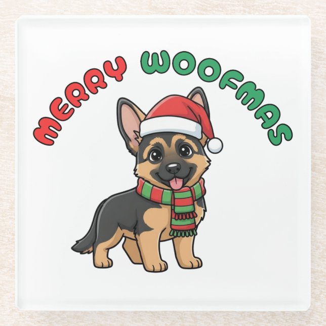Christmas German Shepherd Coaster: Merry Woofmas Glass Coaster (Front)