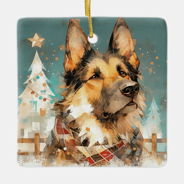 Christmas German Shepherd Dog Ceramic Ornament (Front)