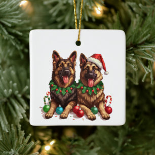 Christmas German Shepherd Dogs Ceramic Ornament