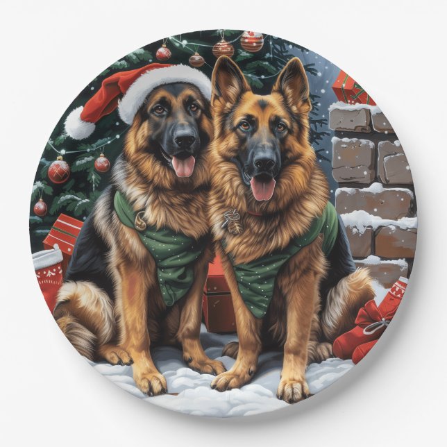 Christmas German Shepherd Dogs Paper Plate (Front)