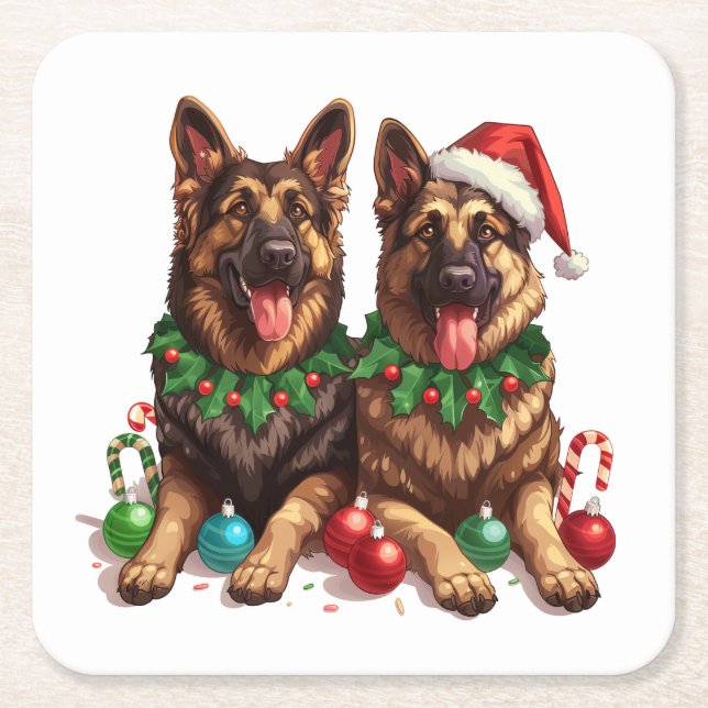 Christmas German Shepherd Dogs Square Paper Coaster (Front)