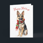 Christmas German Shepherd In Snowflakes Holiday Card<br><div class="desc">Watercolor German Shepherd dog in a red and green winter scarf and snowflakes.
All text is editable.</div>