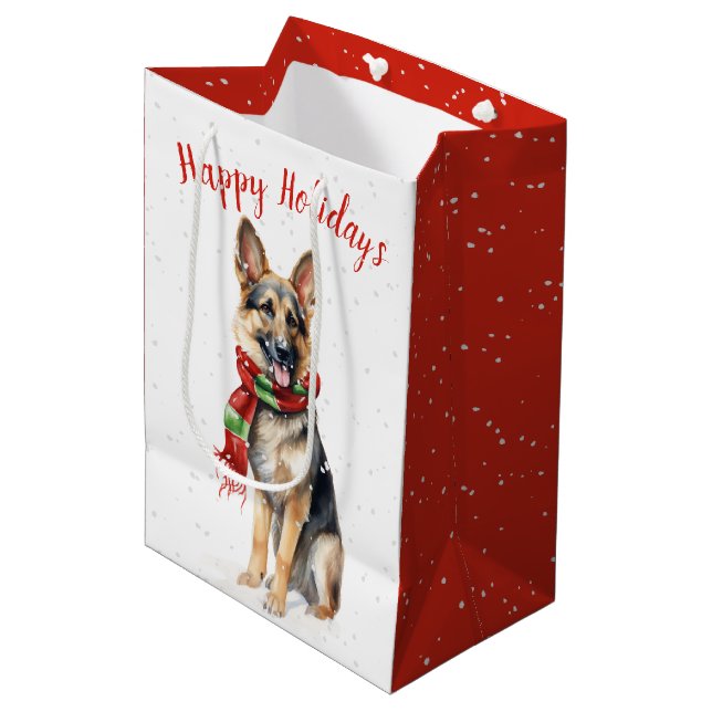 Christmas German Shepherd In Snowflakes Medium Gift Bag (Front Angled)