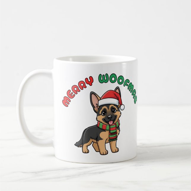 Christmas German Shepherd Mug: Merry Woofmas Coffee Mug (Left)