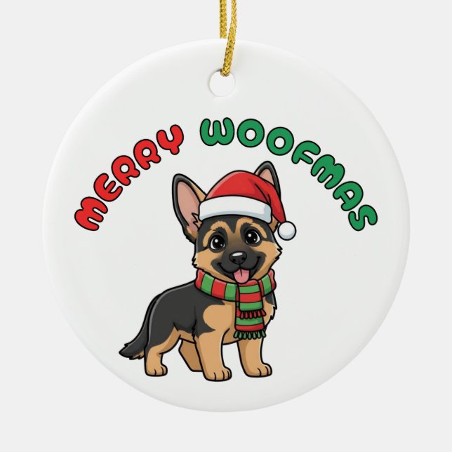 Christmas German Shepherd Ornament: Merry Woofmas Ceramic Tree Decoration (Front)