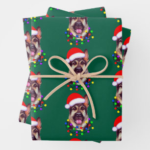 Christmas German Shepherd Pet Dog Santa Lights Hat Wrapping Paper Sheet