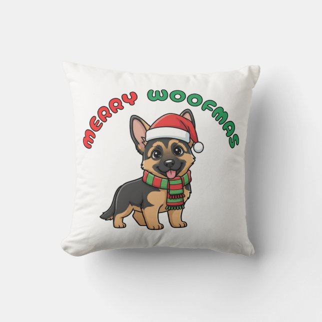 Christmas German Shepherd Pillow: Merry Woofmas Cushion (Front)