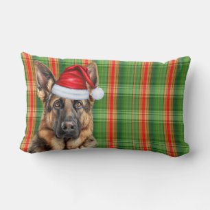 Christmas German Shepherd Red Green Plaid Holiday Lumbar Cushion