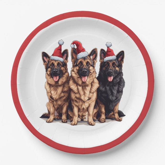 Christmas German Shepherd Santa Dogs Paper Plate (Front)
