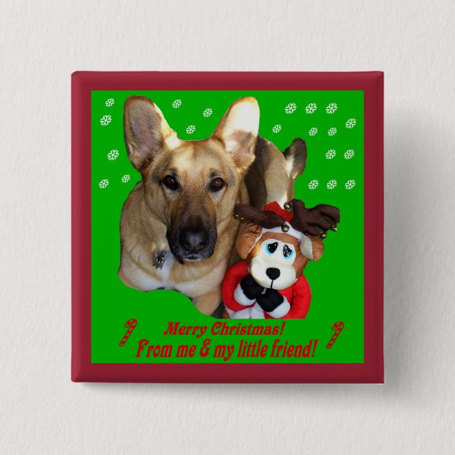 Christmas German Shepherd & Toy Reindeer 15 Cm Square Badge (Front)