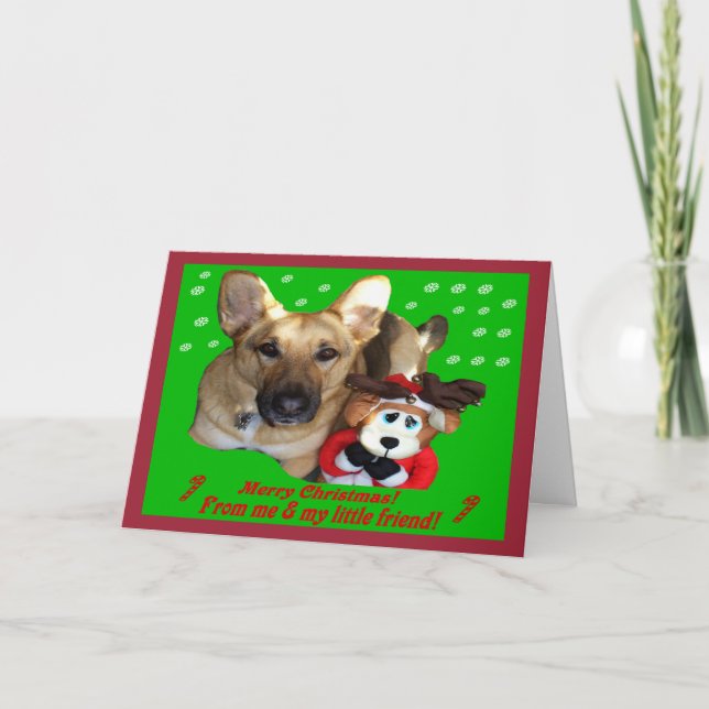 Christmas German Shepherd & Toy Reindeer Holiday Card (Front)