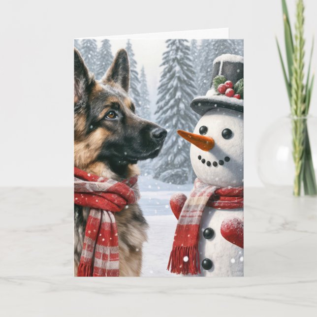 Christmas German Shepherd With Snowman Card (Front)