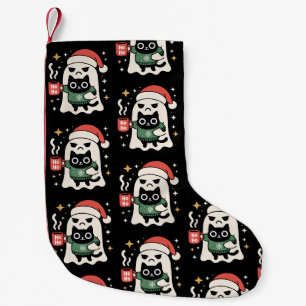 Christmas Ghost Holding Cat Ho Santa Hat Coffee Small Christmas Stocking