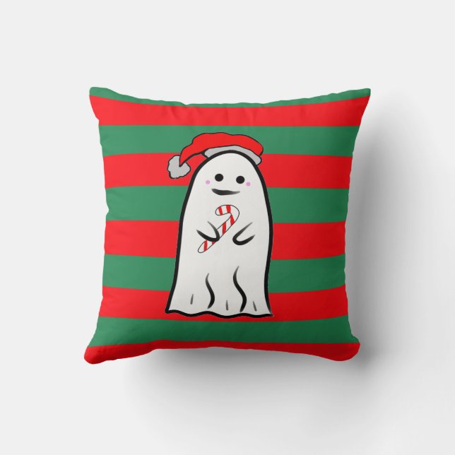 Christmas Ghost on Red and Green Stripes Cushion (Back)