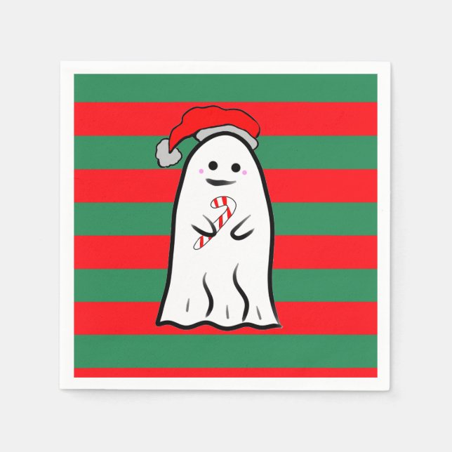 Christmas Ghost on Red and Green Stripes Napkin (Front)