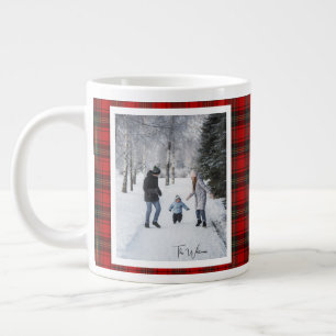 Christmas Gift 2 Photo Trendy Red Plaid Rustic Large Coffee Mug
