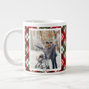 Christmas Gift 2 Photo Trendy Red Plaid Rustic Large Coffee Mug