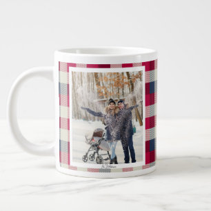 Christmas Gift 2 Photo Trendy Red Plaid Vintage Large Coffee Mug