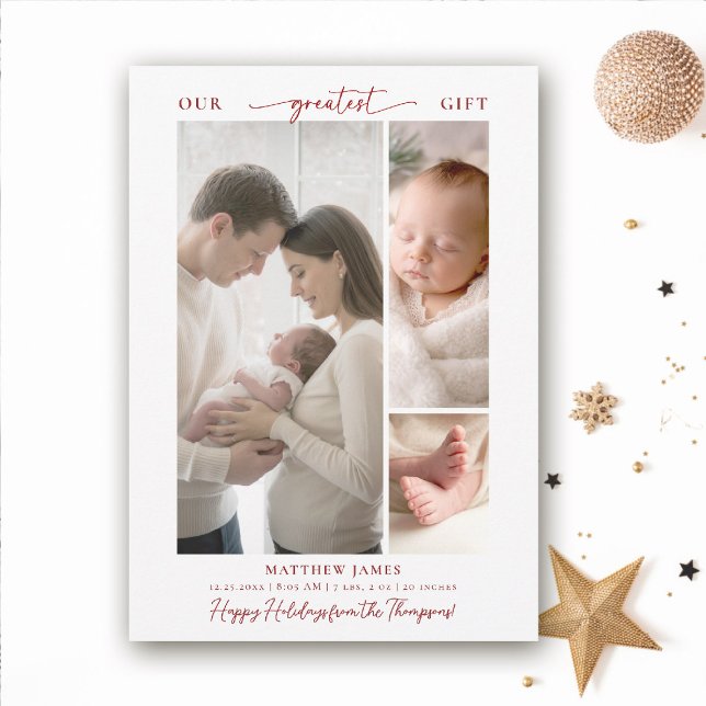 Christmas Gift Above Elegant Simple Baby 3 Photo Holiday Card (greatest gift baby christmas card minimalist simple elegant 3 photos calligraphy christian red)
